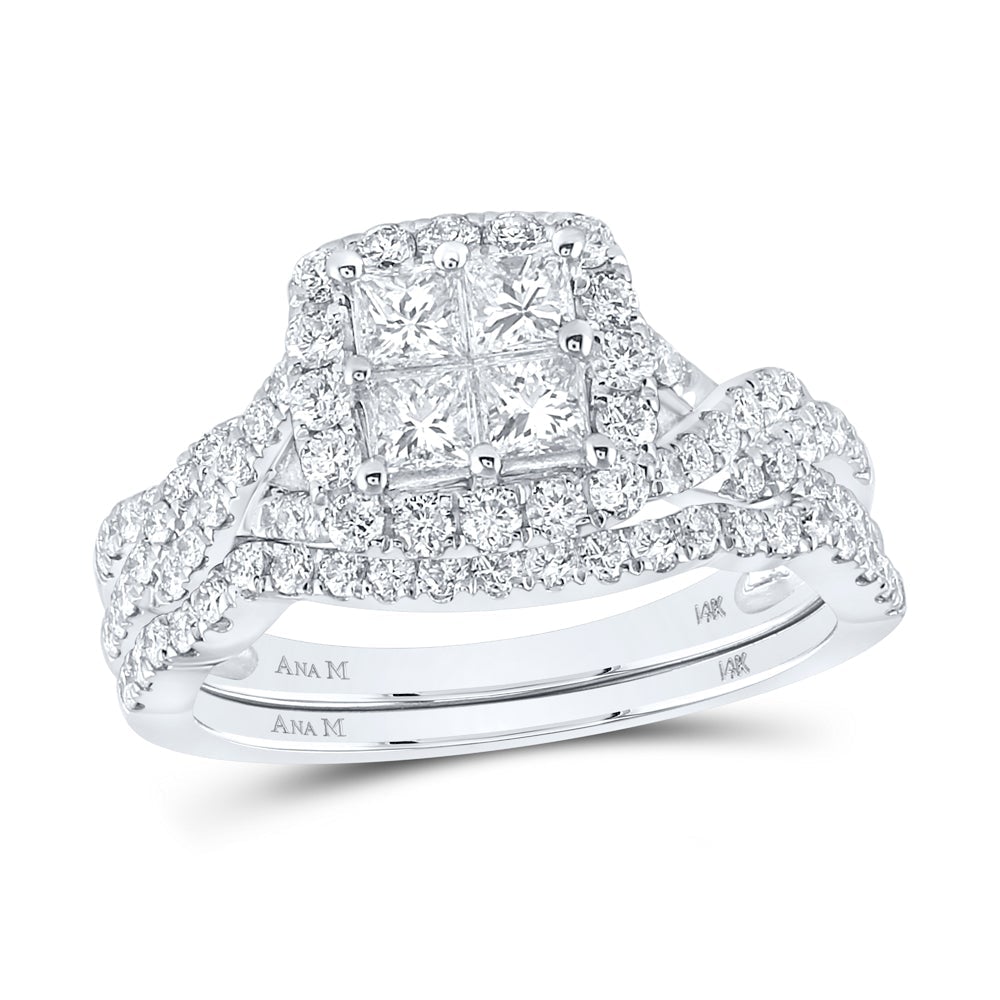 14kt White Gold Princess Diamond Square Bridal Wedding Ring Band Set 1-1/2 Cttw