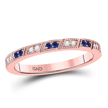 10kt Rose Gold Womens Round Blue Sapphire Diamond Milgrain Stackable Band Ring 1/4 Cttw