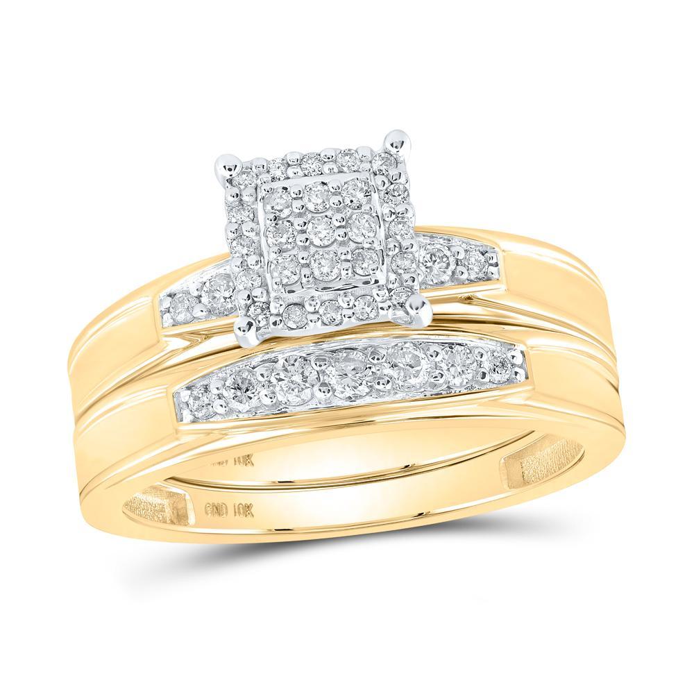 10kt Yellow Gold His Hers Round Diamond Square Matching Wedding Set 1/2 Cttw