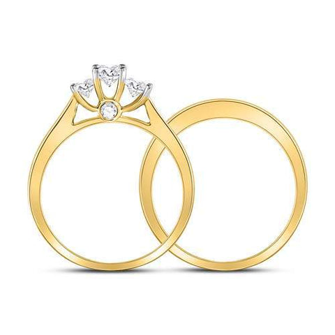 14kt Yellow Gold Round Diamond Bridal 3-Stone Wedding Engagement Ring Band Set 1 Cttw