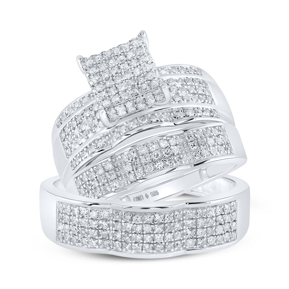 Sterling Silver His Hers Round Diamond Square Matching Wedding Set 7/8 Cttw