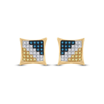 10kt Yellow Gold Mens Round Blue Color Enhanced Diamond Square Kite Cluster Earrings 1/4 Cttw