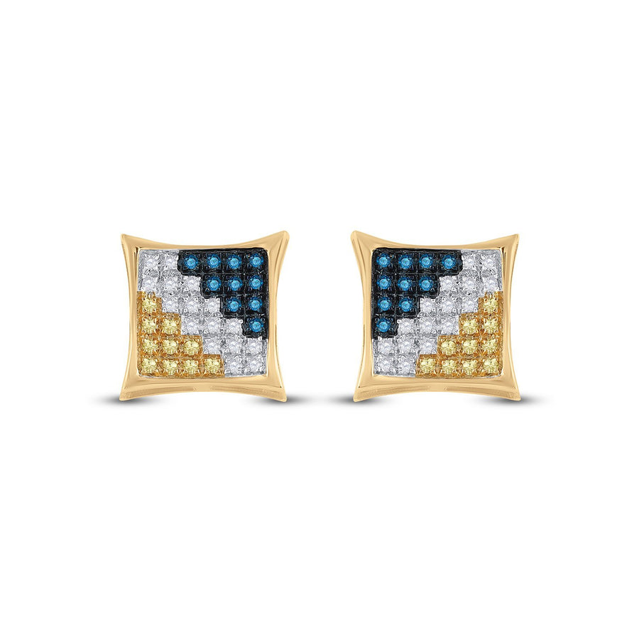 10kt Yellow Gold Mens Round Blue Color Enhanced Diamond Square Kite Cluster Earrings 1/4 Cttw