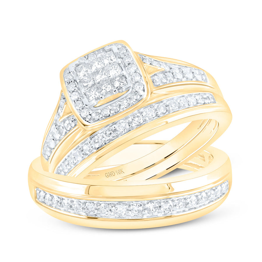 10kt Yellow Gold His Hers Princess Diamond Square Matching Wedding Set 3/4 Cttw