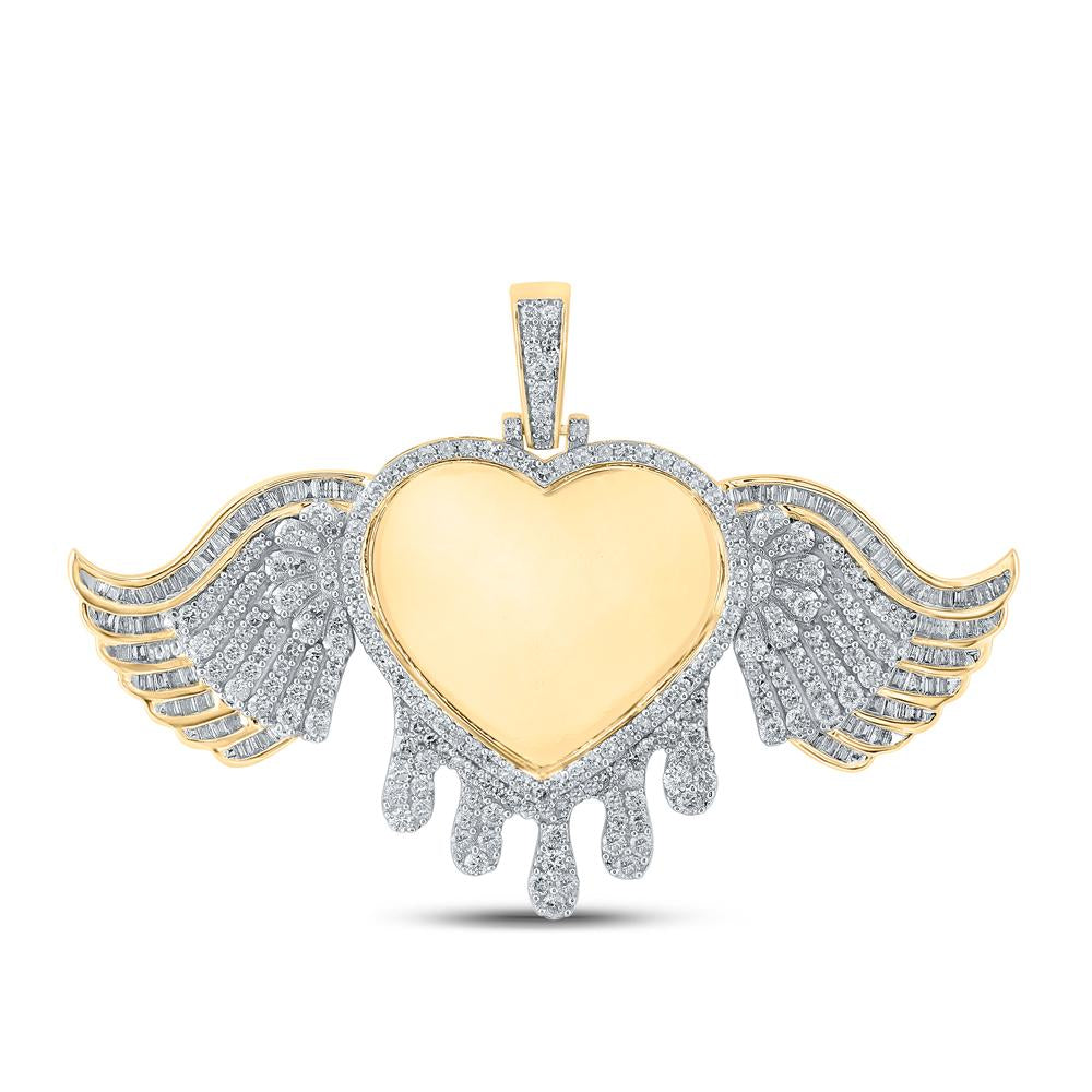 10kt Yellow Gold Mens Baguette Diamond Dripping Memory Heart Charm Pendant 2-1/2 Cttw