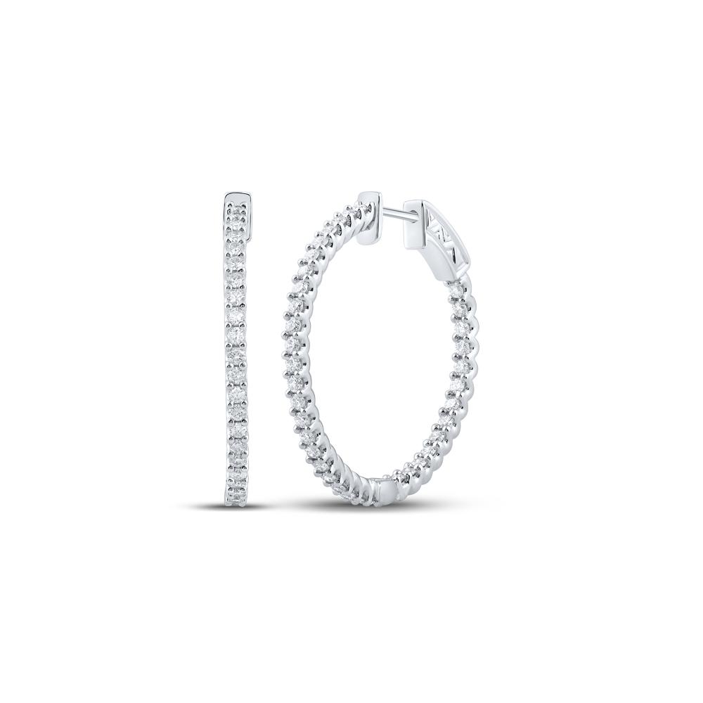14kt White Gold Womens Round Diamond In Out Hoop Earrings 1-1/2 Cttw