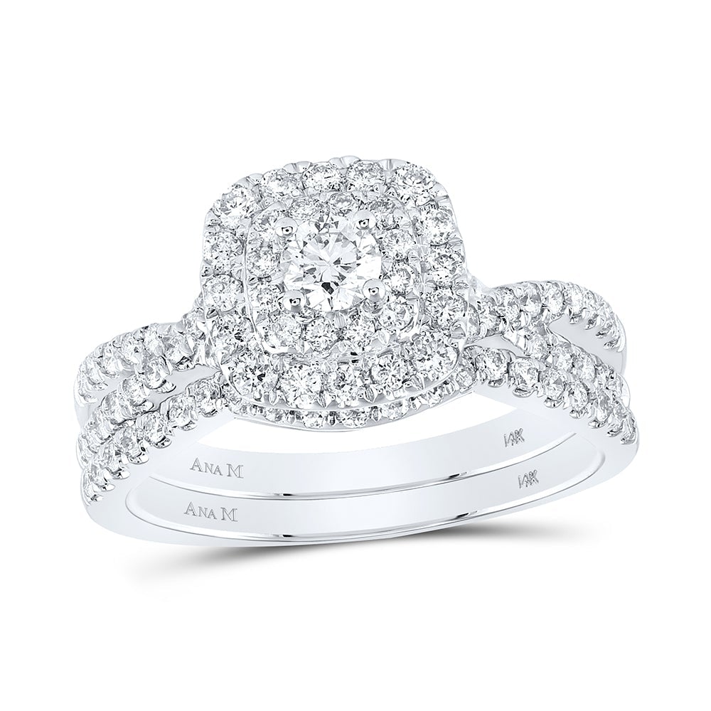 14kt White Gold Round Diamond Halo Bridal Wedding Ring Band Set 1 Cttw