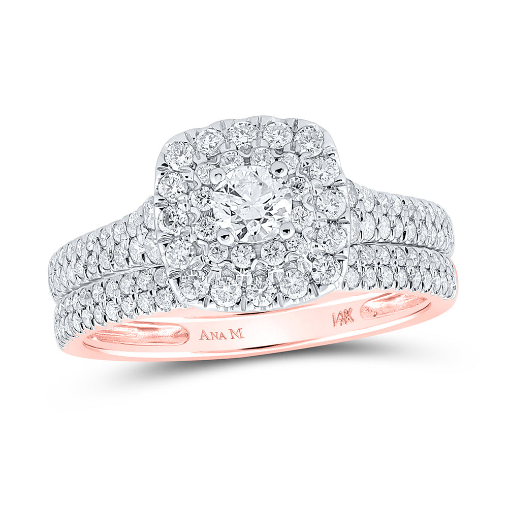 14kt Rose Gold Round Diamond Square Halo Bridal Wedding Ring Band Set 1 Cttw
