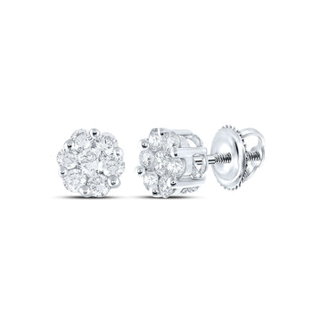 14kt White Gold Womens Round Diamond Flower Cluster Earrings 1/2 Cttw