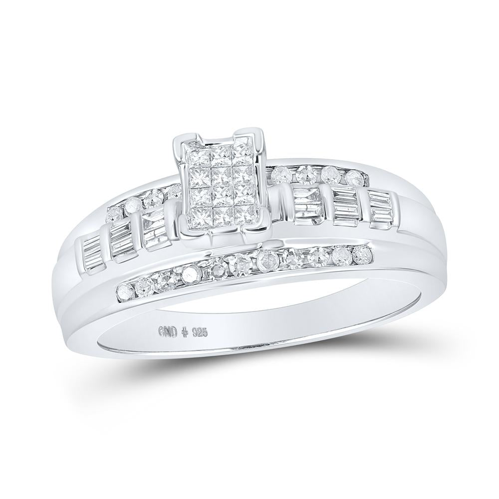 Sterling Silver Princess Diamond Square Cluster Bridal Wedding Engagement Ring 1/3 Cttw