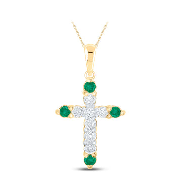 10kt Yellow Gold Womens Round Emerald Diamond Cross Pendant 1/5 Cttw
