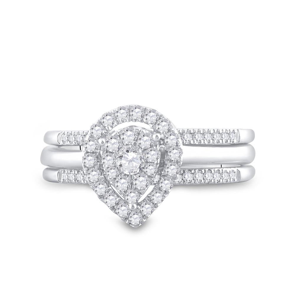 14k White Gold Round Diamond Teardrop Cluster 3-Piece Bridal Wedding Ring Band Set 1/2 Cttw
