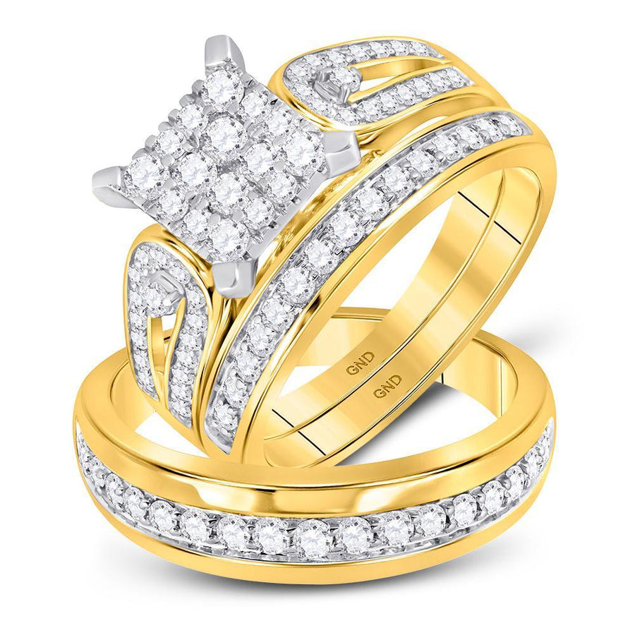 14kt Yellow Gold His Hers Round Diamond Square Matching Wedding Set 1-1/5 Cttw