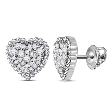 10kt White Gold Womens Round Diamond Beaded Heart Earrings 1/4 Cttw