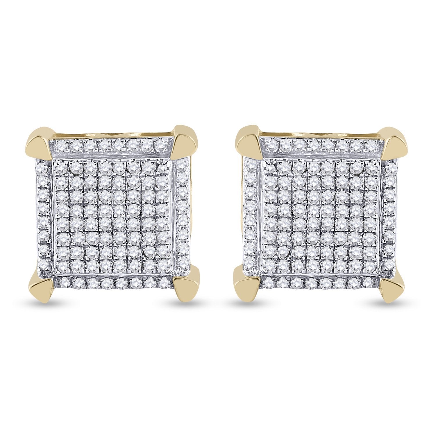 10kt Yellow Gold Mens Round Diamond Square Earrings 1/3 Cttw