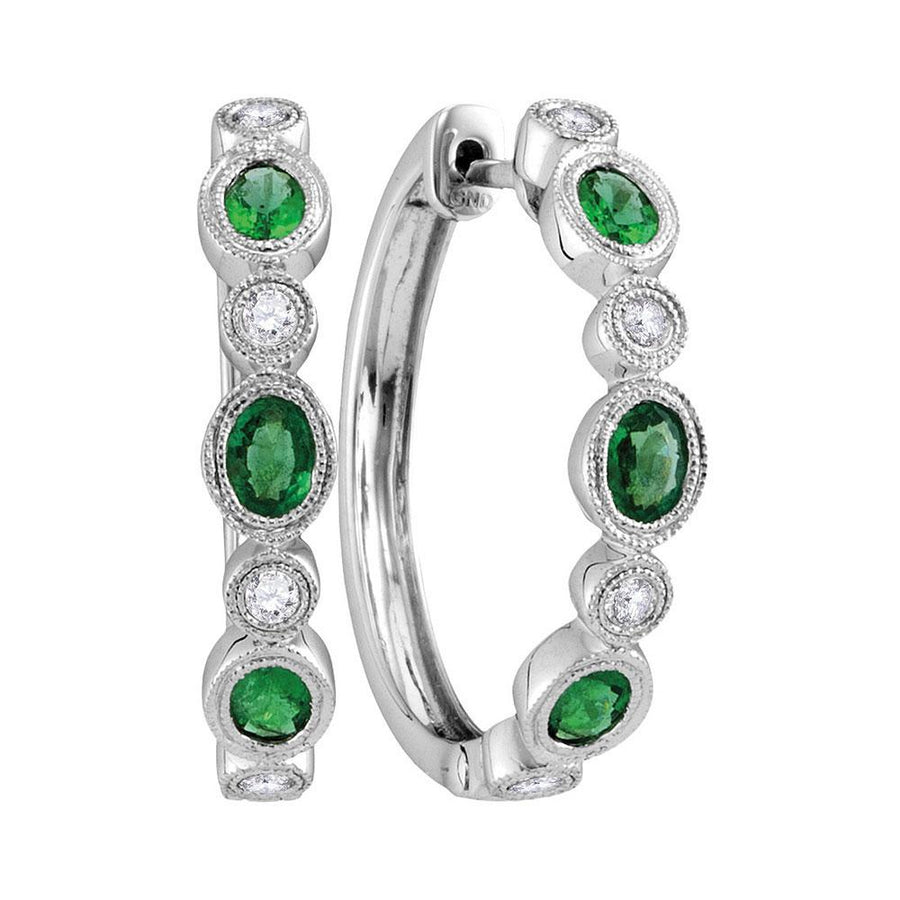 18kt White Gold Womens Oval Emerald Diamond Hoop Earrings 1 Cttw