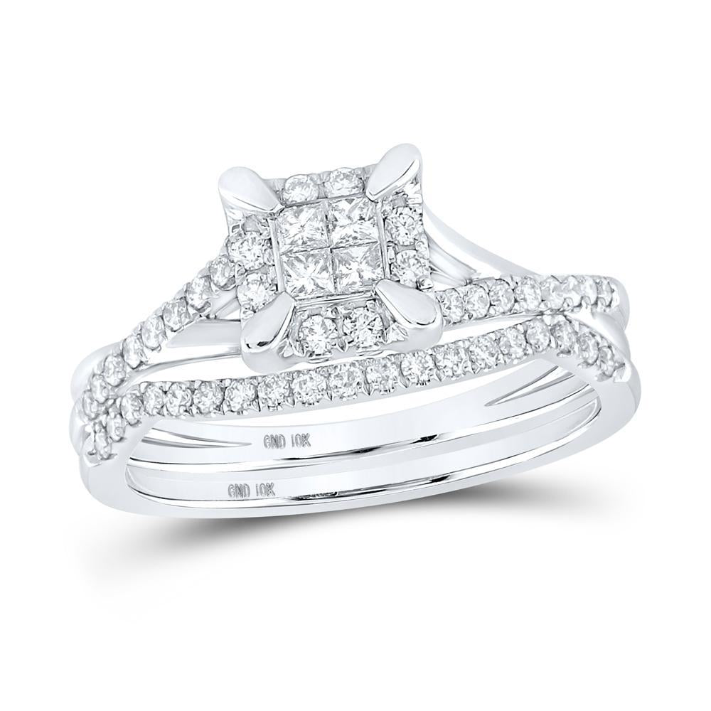 10kt White Gold Princess Diamond Bridal Wedding Ring Band Set 1/2 Cttw