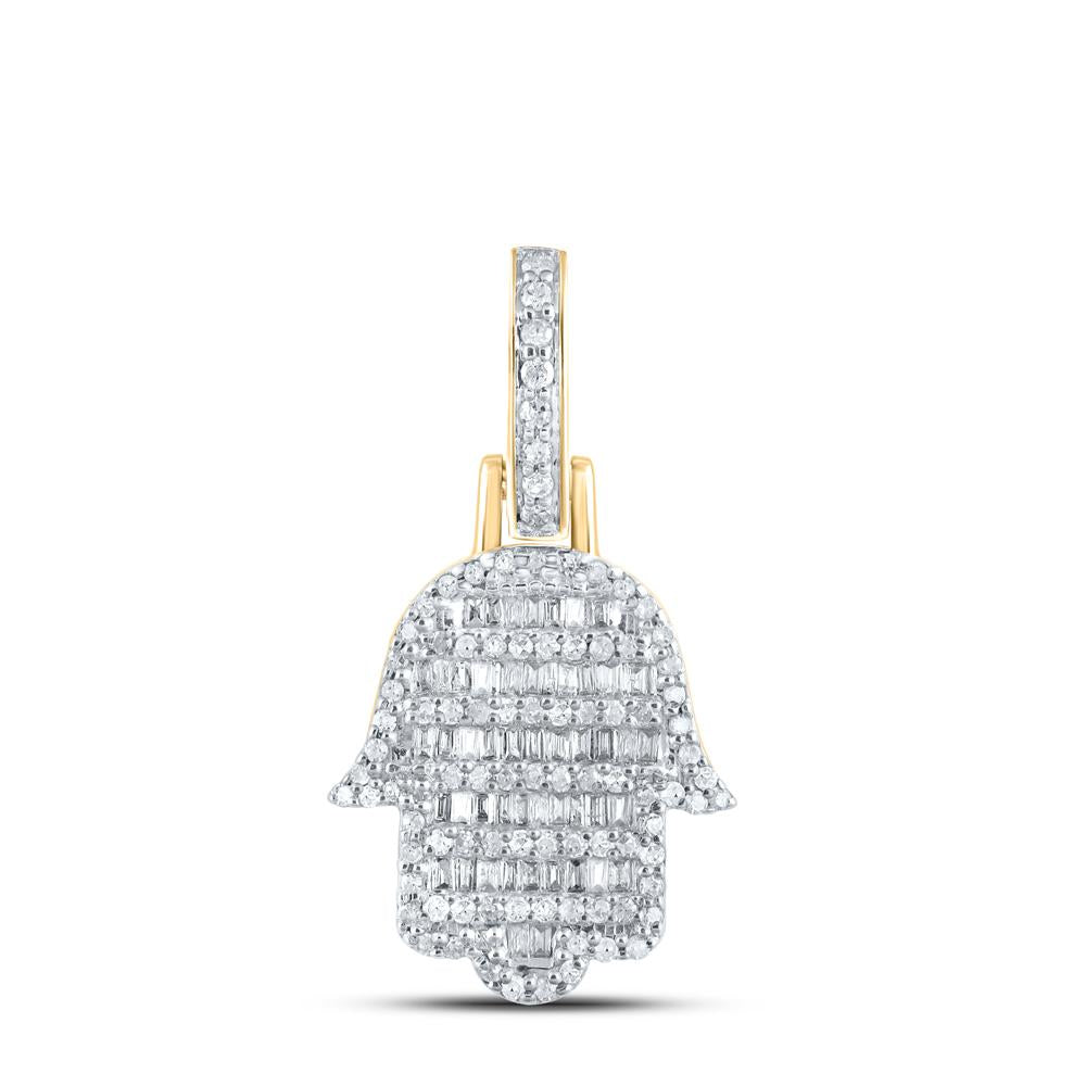 10kt Yellow Gold Mens Baguette Diamond Hamsa Charm Pendant 1/2 Cttw