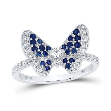 10kt White Gold Womens Round Blue Sapphire Diamond Butterfly Ring 5/8 Cttw