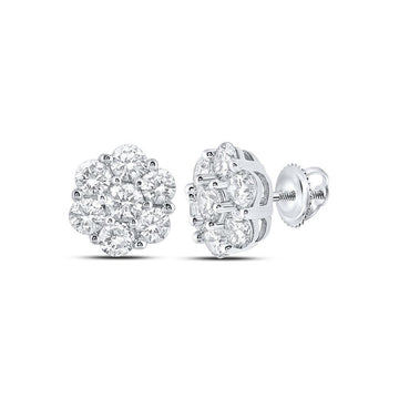 14kt White Gold Round Diamond Flower Cluster Earrings 7/8 Cttw
