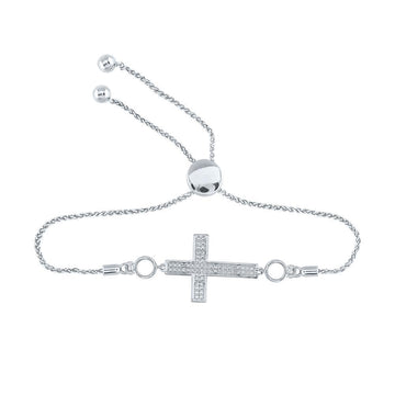 Sterling Silver Womens Round Diamond Cross Religious Bolo Bracelet 1/20 Cttw