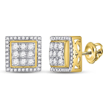 10kt Yellow Gold Mens Round Diamond Square Cluster Earrings 3/4 Cttw