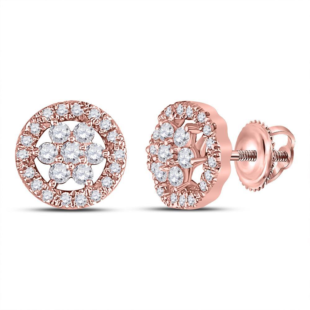 14kt Rose Gold Womens Round Diamond Flower Cluster Earrings 1/2 Cttw