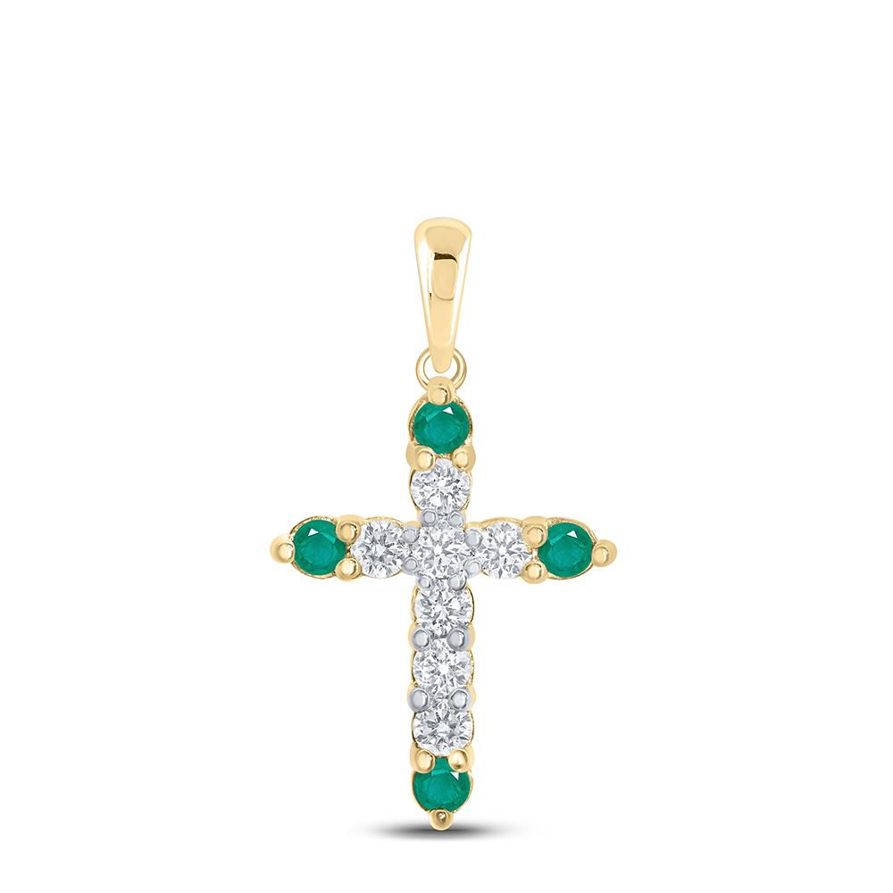 10kt Yellow Gold Womens Round Emerald Diamond Cross Pendant 3/8 Cttw