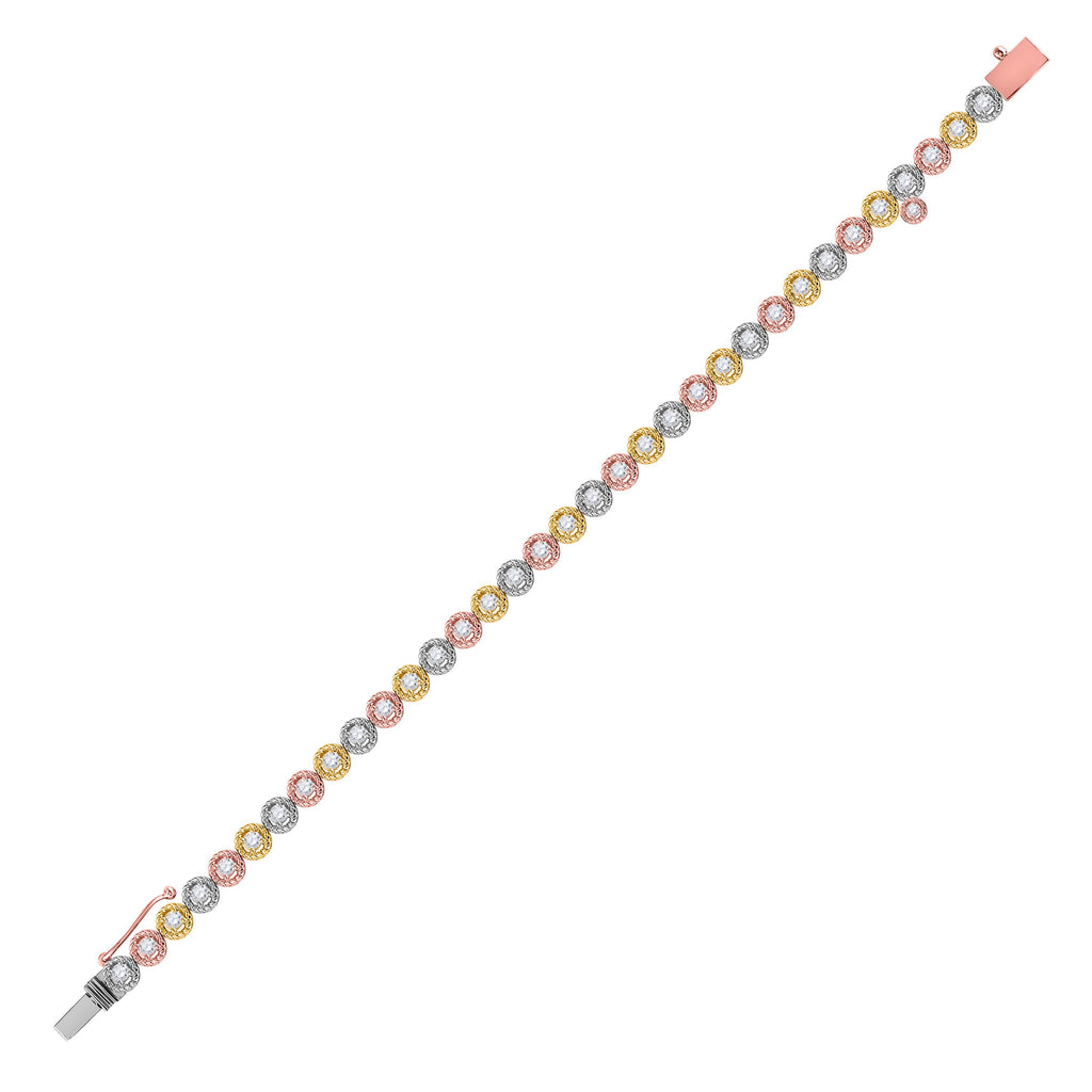 14kt Tri-Tone Gold Womens Round Diamond Milgrain Tennis Bracelet 2 Cttw