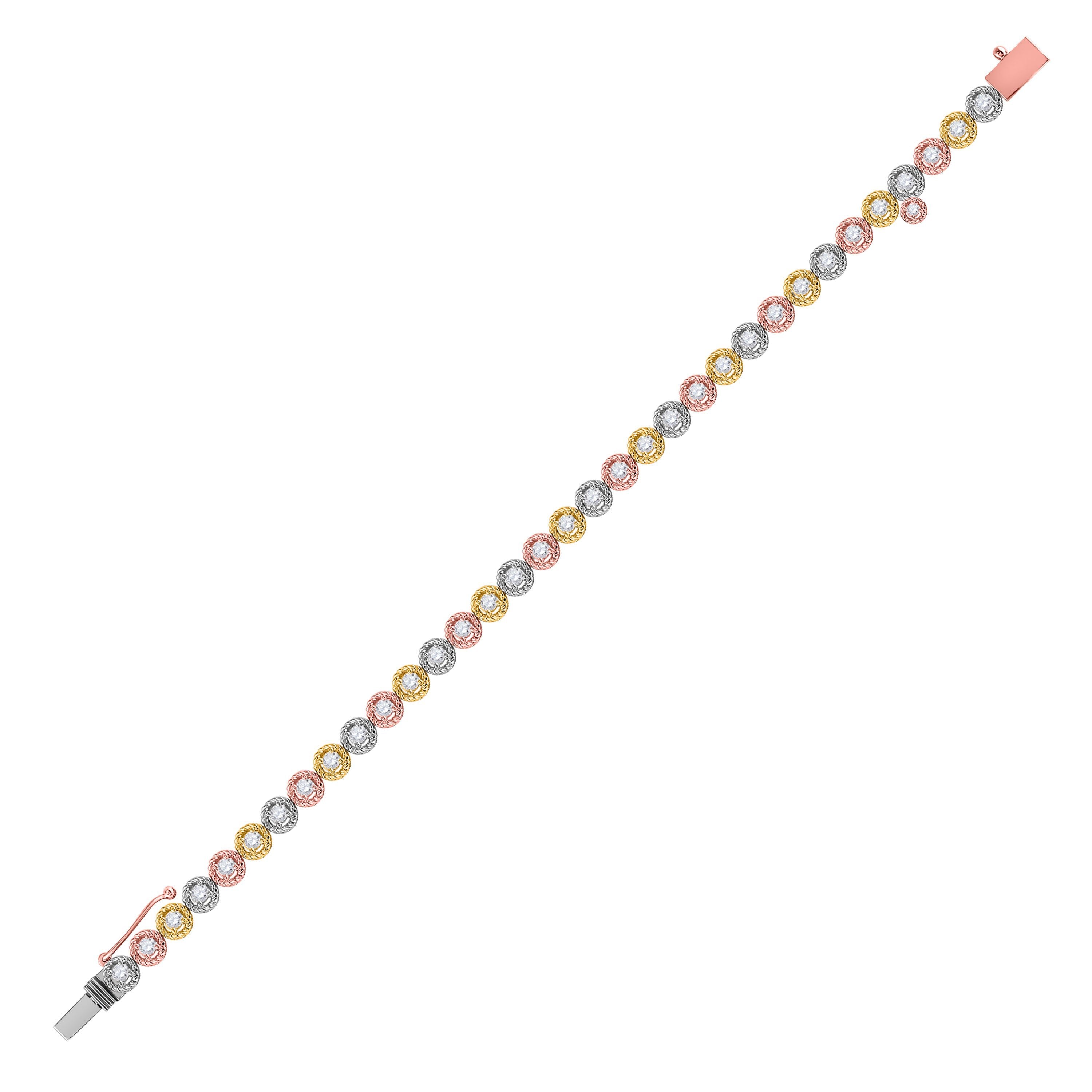 14kt Tri-Tone Gold Womens Round Diamond Milgrain Tennis Bracelet 2 Cttw