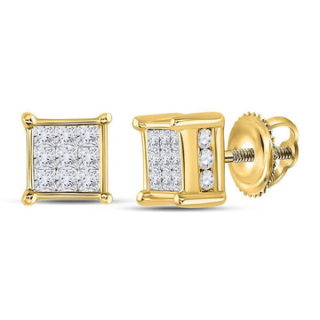 14kt Yellow Gold Womens Princess Diamond Cluster Stud Earrings 1/2 Cttw