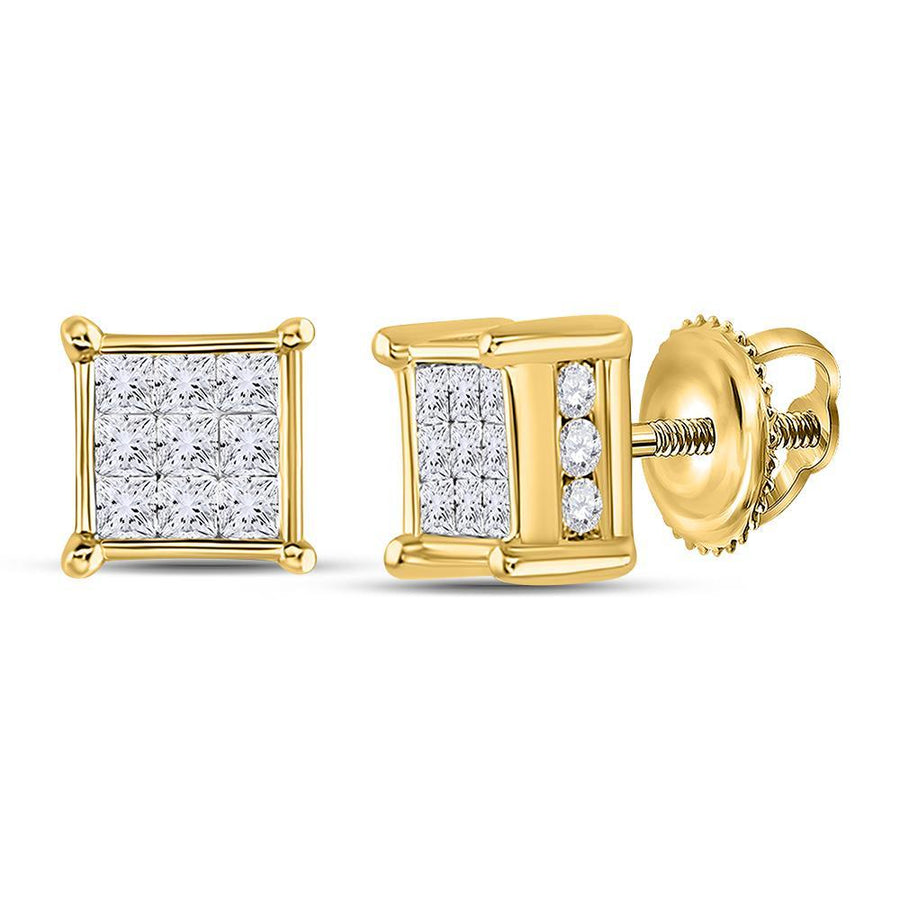 14kt Yellow Gold Womens Princess Diamond Cluster Stud Earrings 1/2 Cttw