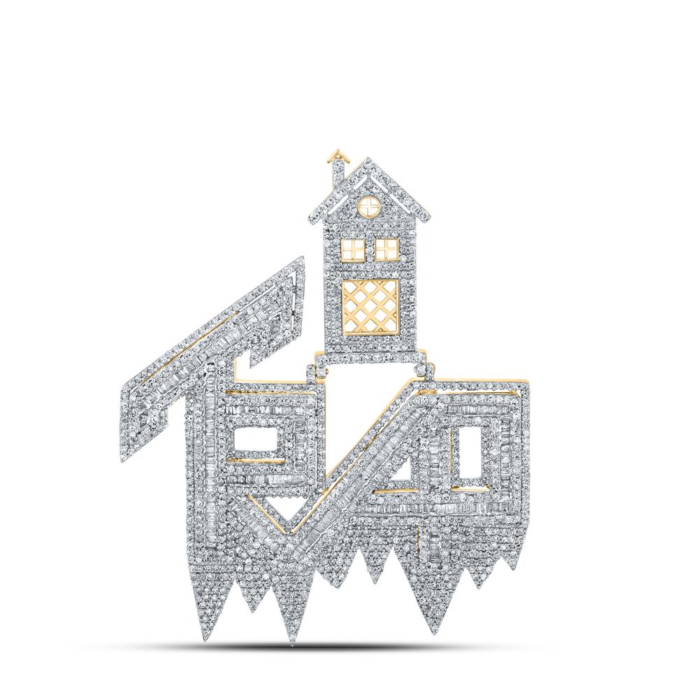 10kt Yellow Gold Mens Baguette Diamond Trap House Phrase Charm Pendant 3-1/2 Cttw