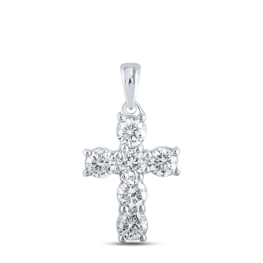 10kt White Gold Womens Round Diamond Cross Pendant 1 Cttw