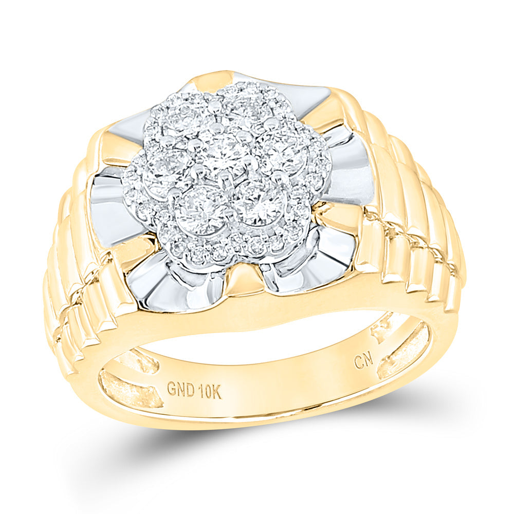 10kt Two-tone Yellow White Gold Mens Round Diamond Flower Cluster Ribbed Ring 1 Cttw