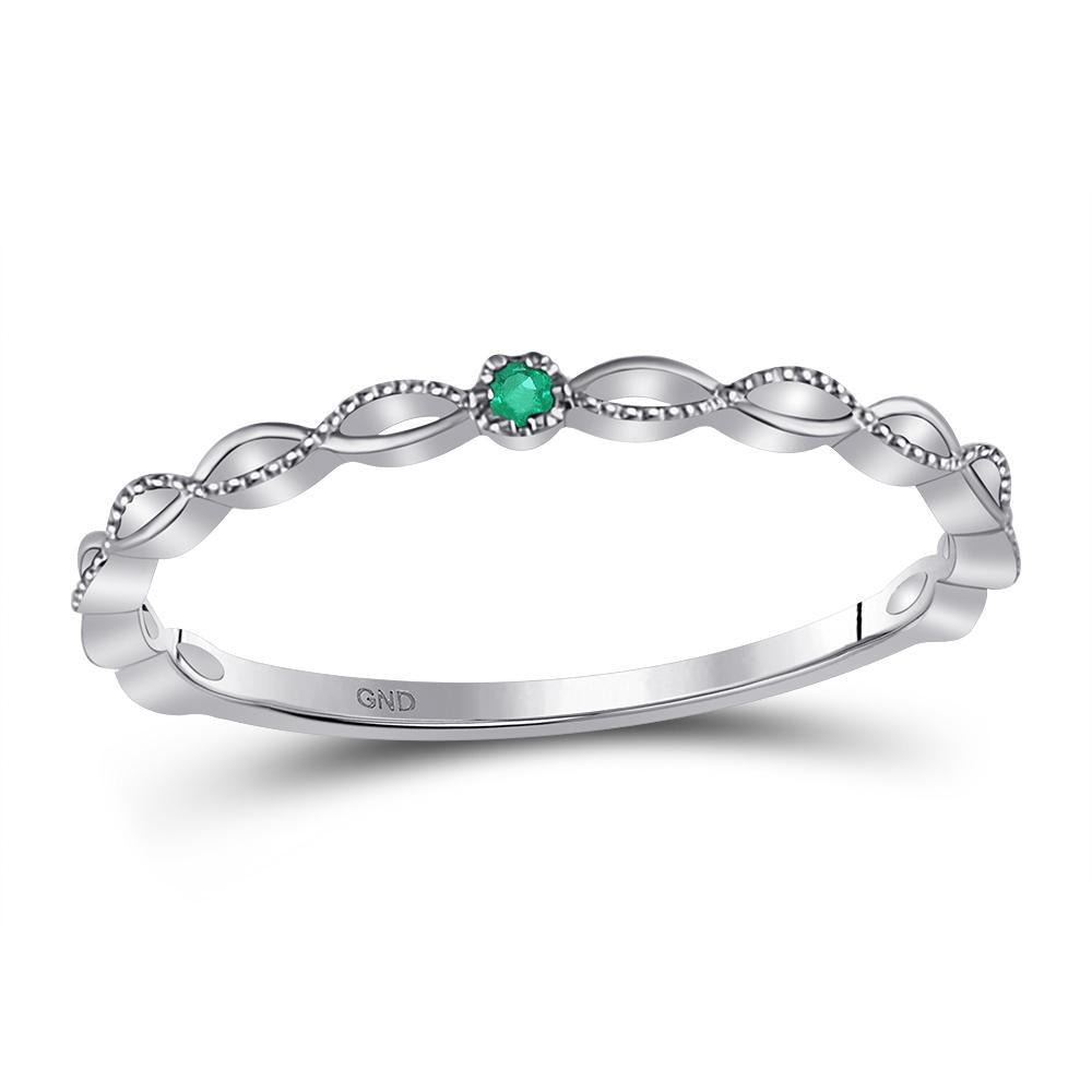 10kt White Gold Womens Round Emerald Solitaire Milgrain Stackable Band Ring .01 Cttw
