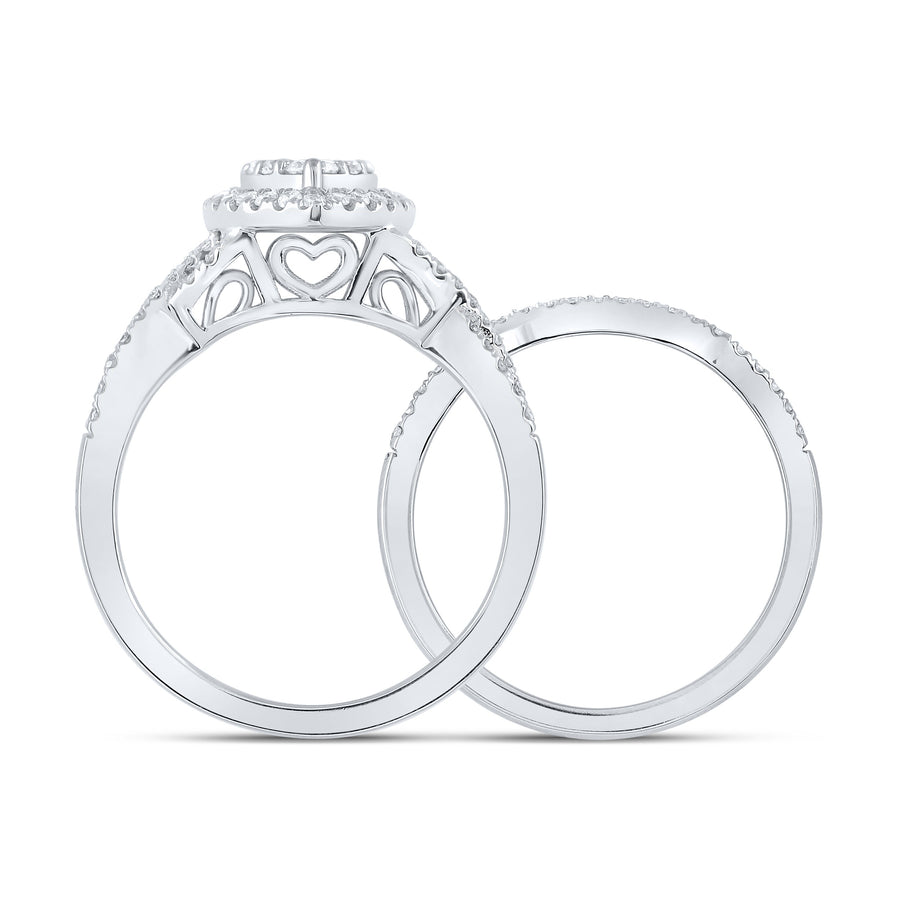 10kt White Gold Round Diamond Heart Bridal Wedding Ring Band Set 5/8 Cttw