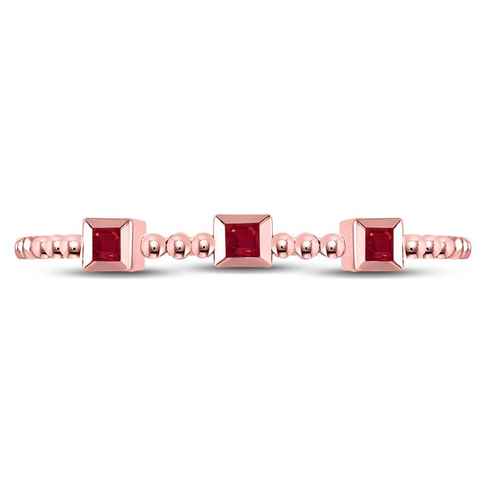 10kt Rose Gold Womens Princess Ruby 3-Stone Beaded Stackable Band Ring 1/20 Cttw