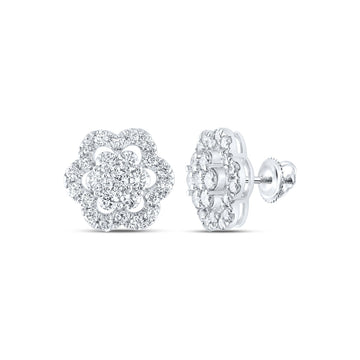 10kt White Gold Womens Round Diamond Flower Cluster Earrings 2 Cttw