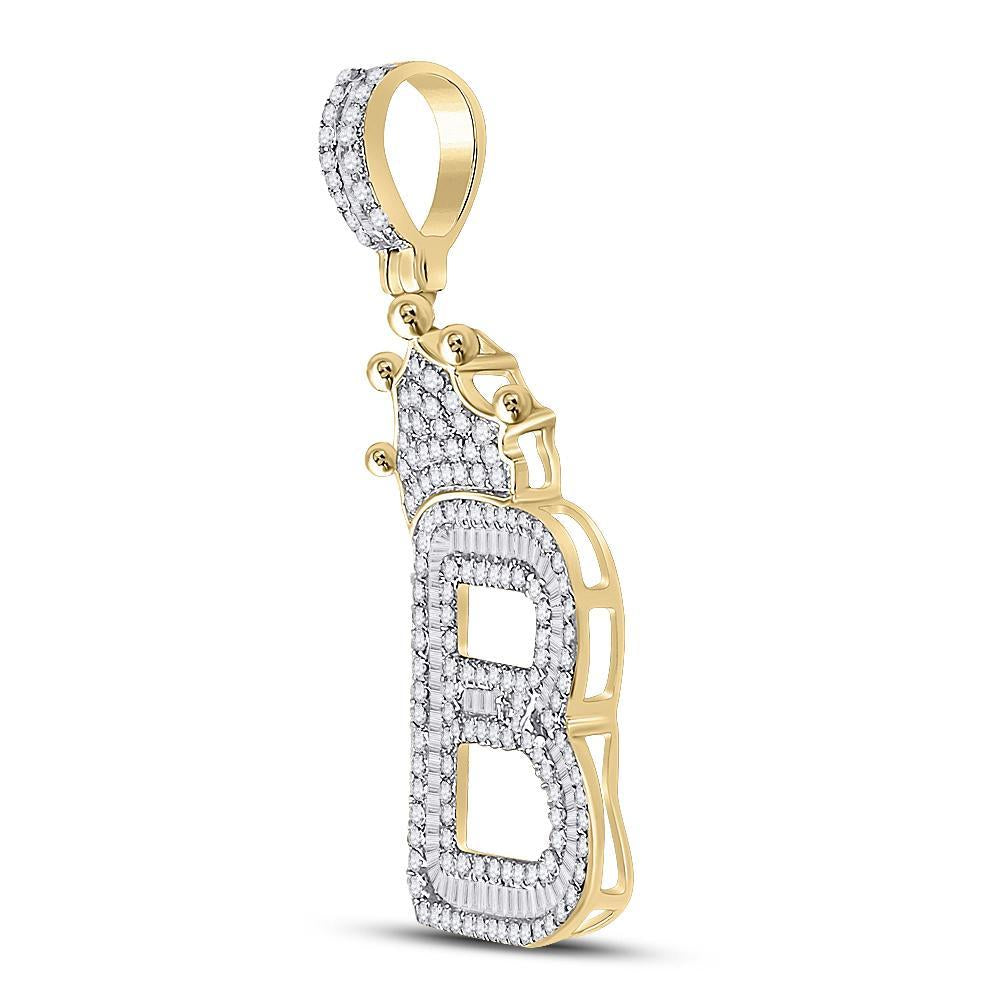 10kt Yellow Gold Mens Baguette Diamond Crown B Letter Charm Pendant 1 Cttw