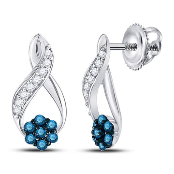 10kt White Gold Womens Round Blue Color Enhanced Diamond Cluster Earrings 1/5 Cttw
