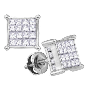 14kt White Gold Womens Princess Diamond Square Cluster Earrings 1-1/2 Cttw