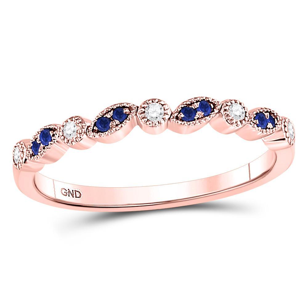 10kt Rose Gold Womens Round Blue Sapphire Diamond Stackable Band Ring 1/10 Cttw