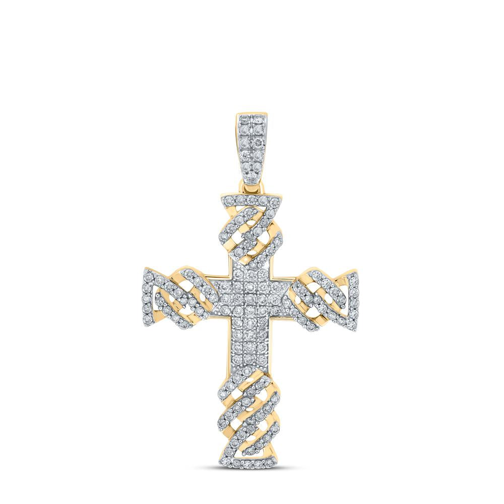 10kt Yellow Gold Mens Round Diamond Cross Charm Pendant 1-3/8 Cttw