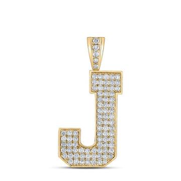 10kt Yellow Gold Mens Round Diamond J Initial Letter Charm Pendant 1-3/8 Cttw