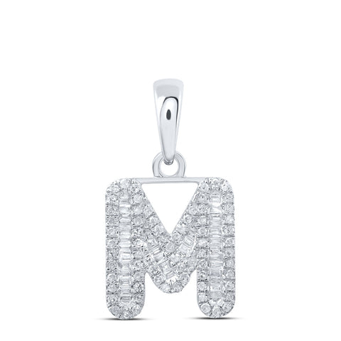 10kt White Gold Womens Baguette Diamond M Initial Letter Pendant 3/8 Cttw