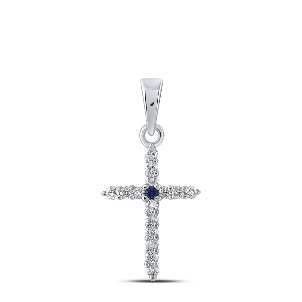 10kt White Gold Womens Round Blue Sapphire Diamond Cross Pendant 1/8 Cttw