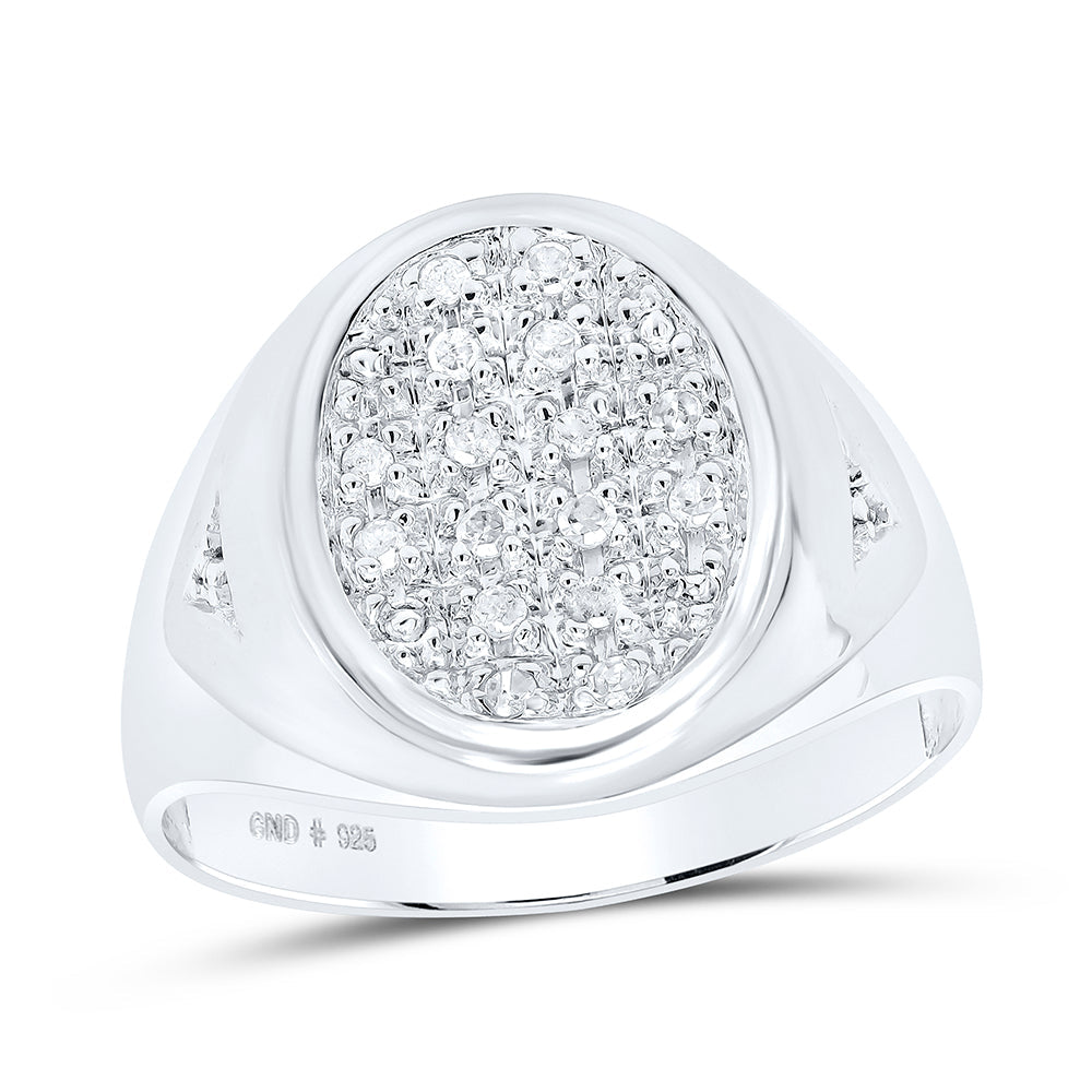 Sterling Silver Mens Round Diamond Oval Cluster Ring 1/6 Cttw