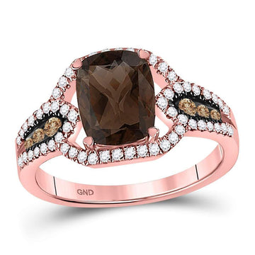 10kt Rose Gold Womens Cushion Smoky Quartz Brown Diamond Solitaire Ring 2-1/3 Cttw