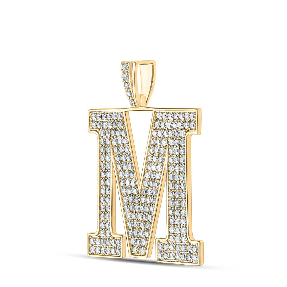 10kt Yellow Gold Mens Round Diamond M Initial Letter Charm Pendant 3-3/8 Cttw